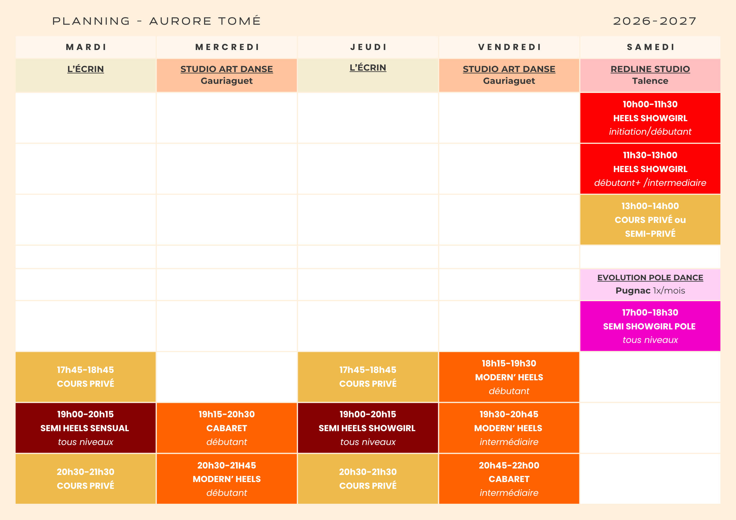 Planning Aurore Tomé, Saison 2026-2027